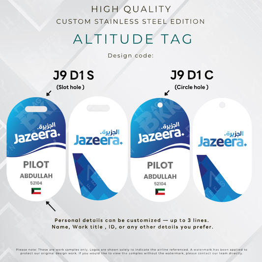 Jazeera Airways personalized stainless steel altitude luggage tag laser-engraved