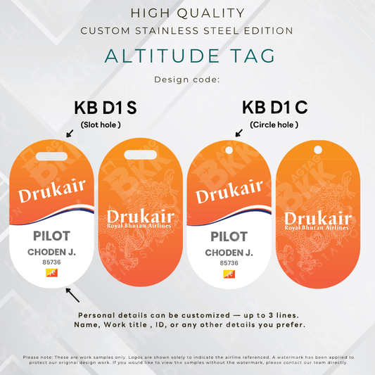 Drukair Royal Bhutan Airlines personalized stainless steel altitude luggage tag laser-engraved