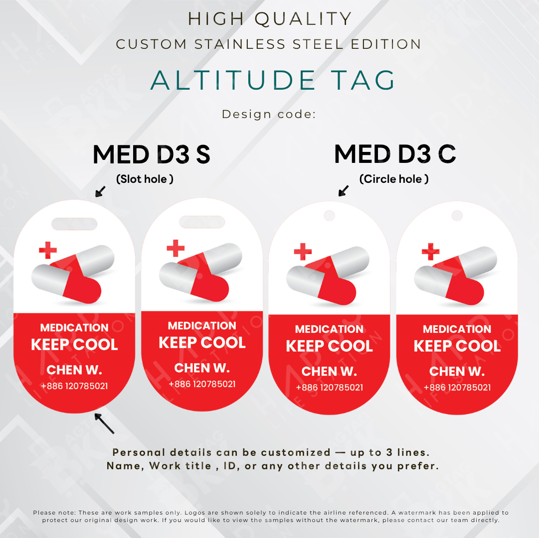 Medication Bag/First Aids Bag/Passenger Bag - Altitude Tag ( Stainless Steel Luggage Tag)