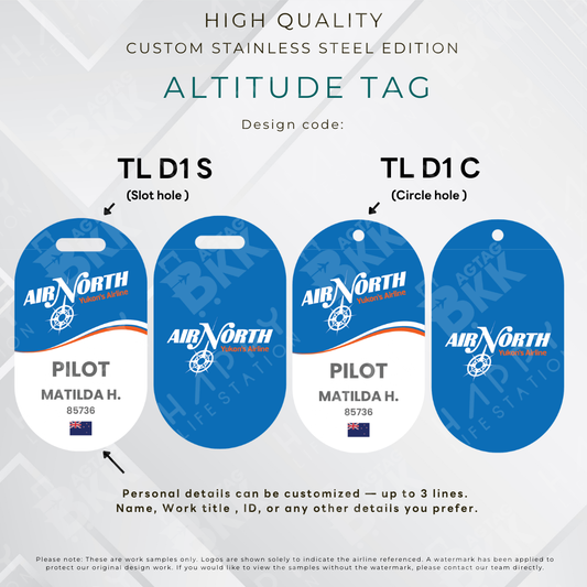 Air North personalized stainless steel altitude luggage tag laser-engraved