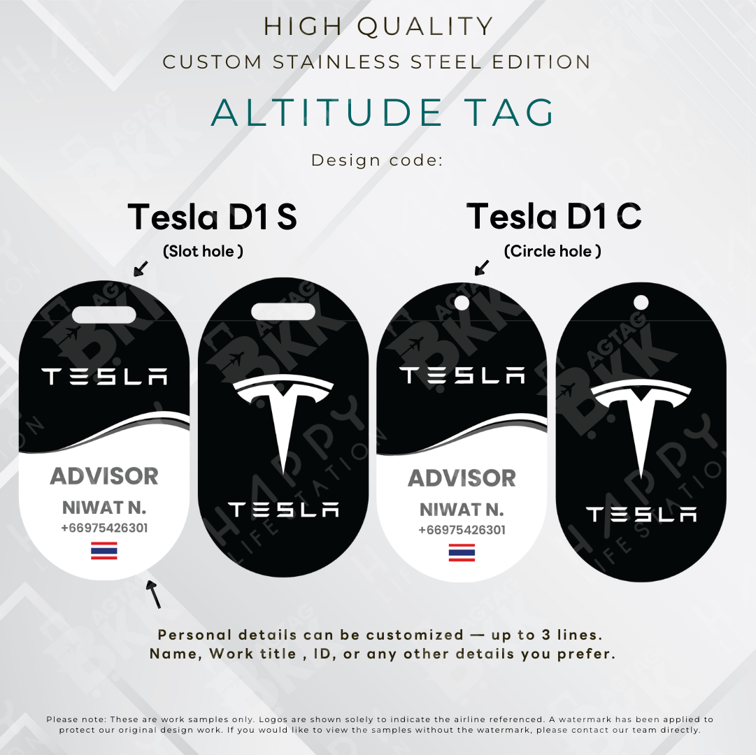 Tesla-themed personalized stainless steel altitude luggage tag laser-engraved