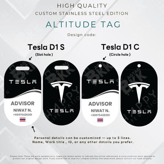 Tesla-themed personalized stainless steel altitude luggage tag laser-engraved