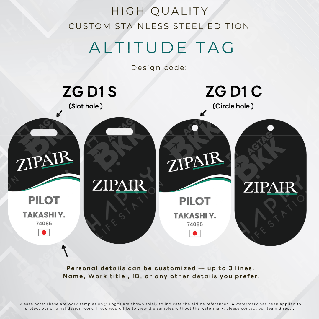 ZIPAIR personalized stainless steel altitude luggage tag laser-engraved
