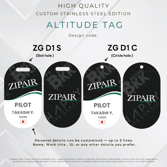 ZIPAIR personalized stainless steel altitude luggage tag laser-engraved
